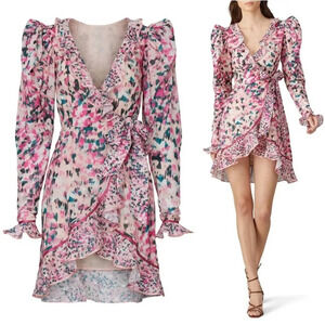 Rococo Sand Mimi Ruffle‎ Trim Long Sleeve Mini Wrap Dress Pink Floral Barbiecore
